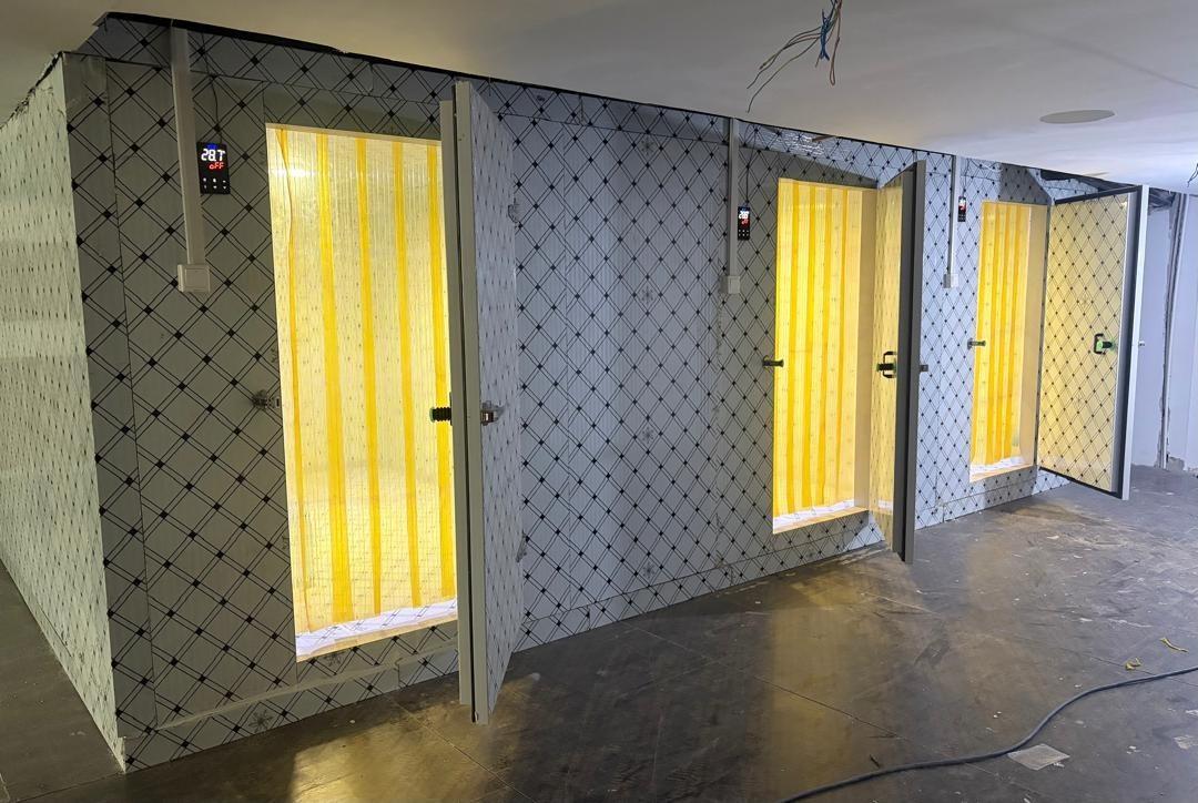 Insulated cold room enclosures with lit access doors
